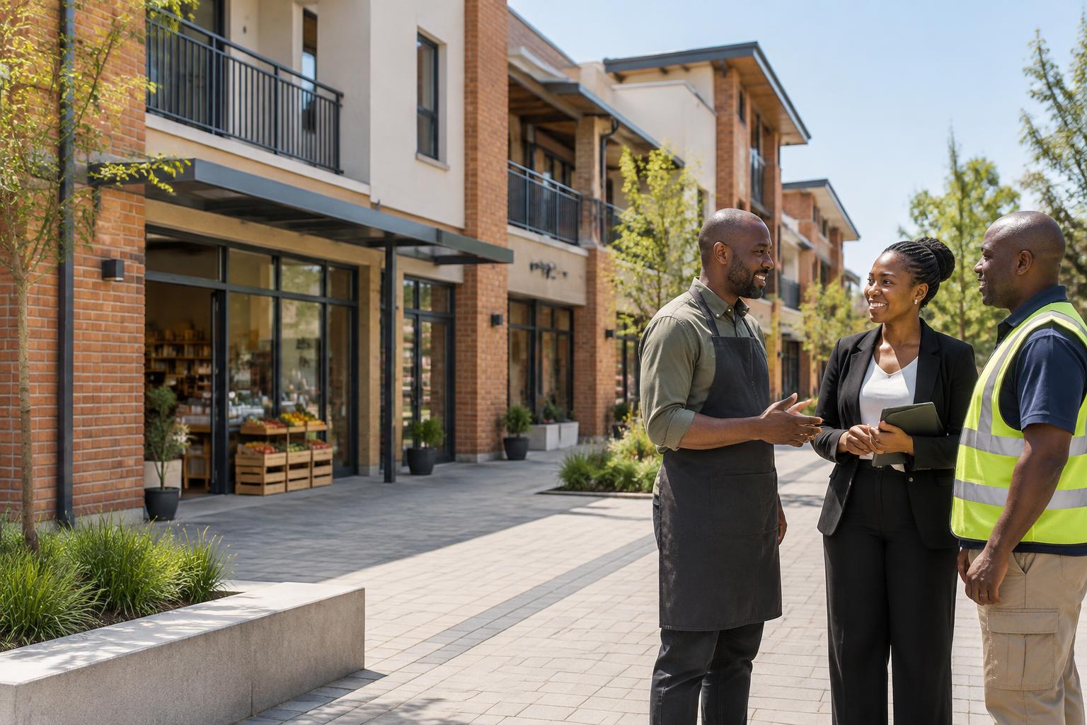 Entrepreneurs collaborating at a neighbourhood business and residential development