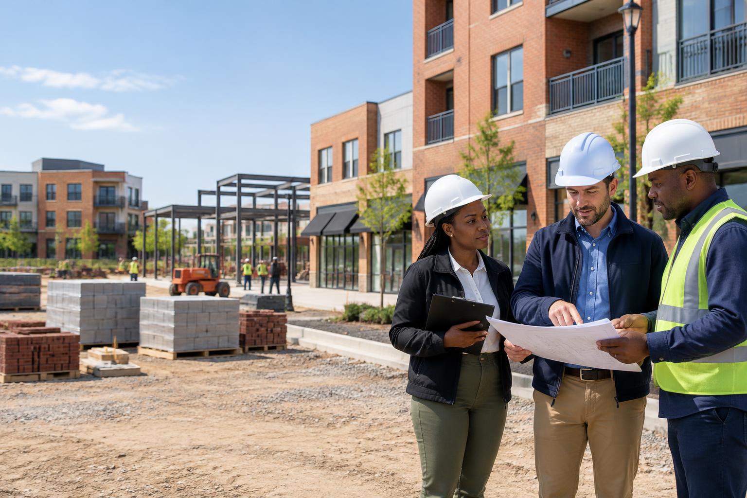Construction professionals reviewing plans at a neighbourhood mixed-use development
