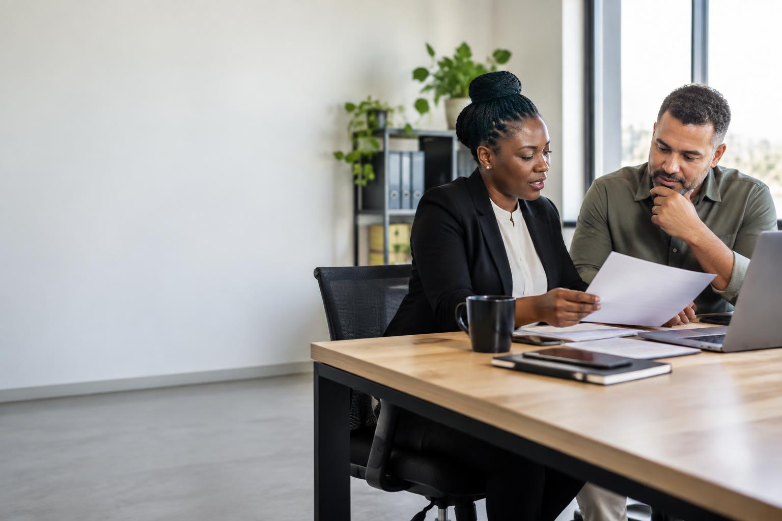 A professional adviser and a business owner reviewing financial documents