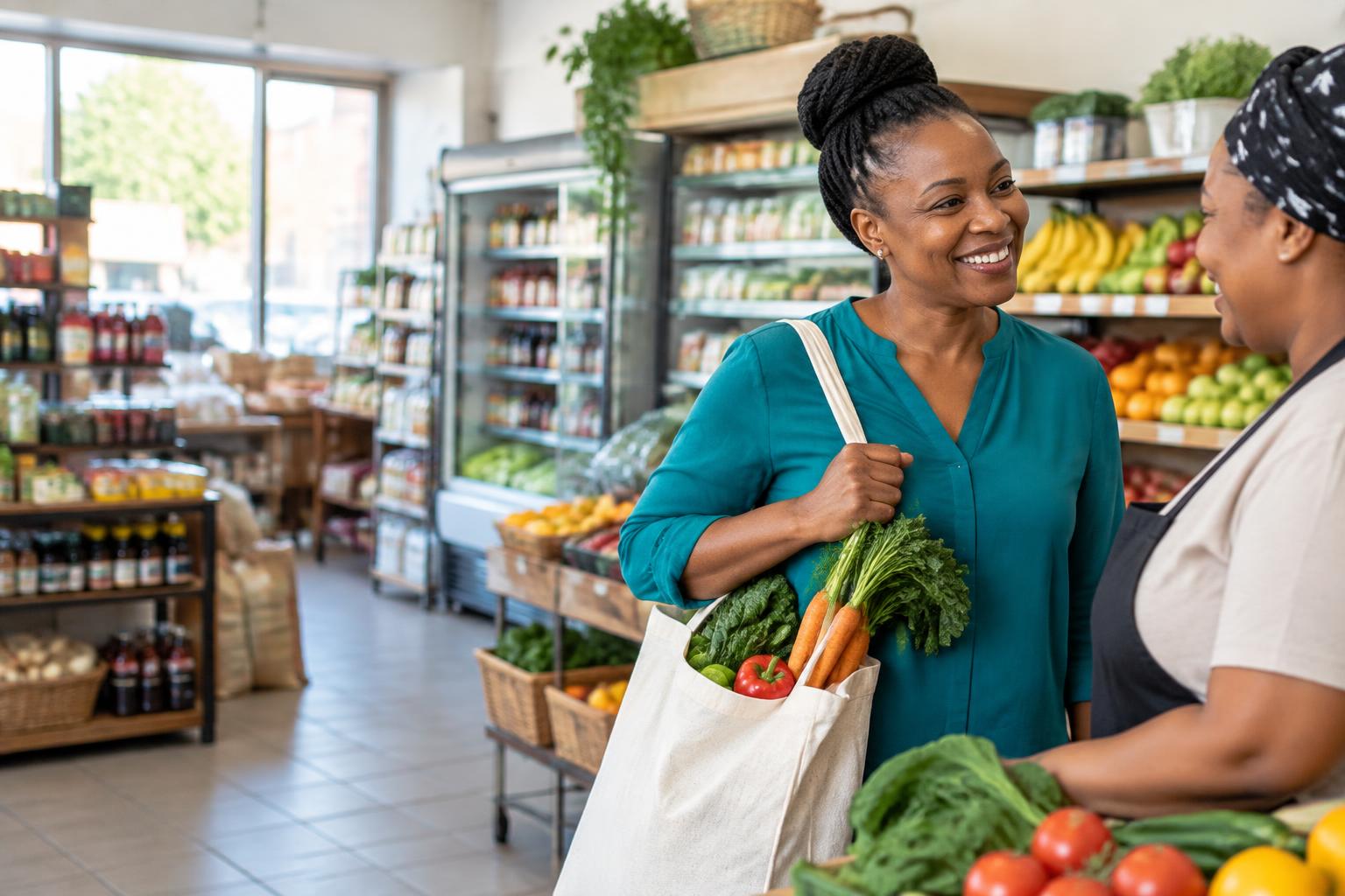 Susan chatting with a shopkeeper while buying fresh groceries for her household